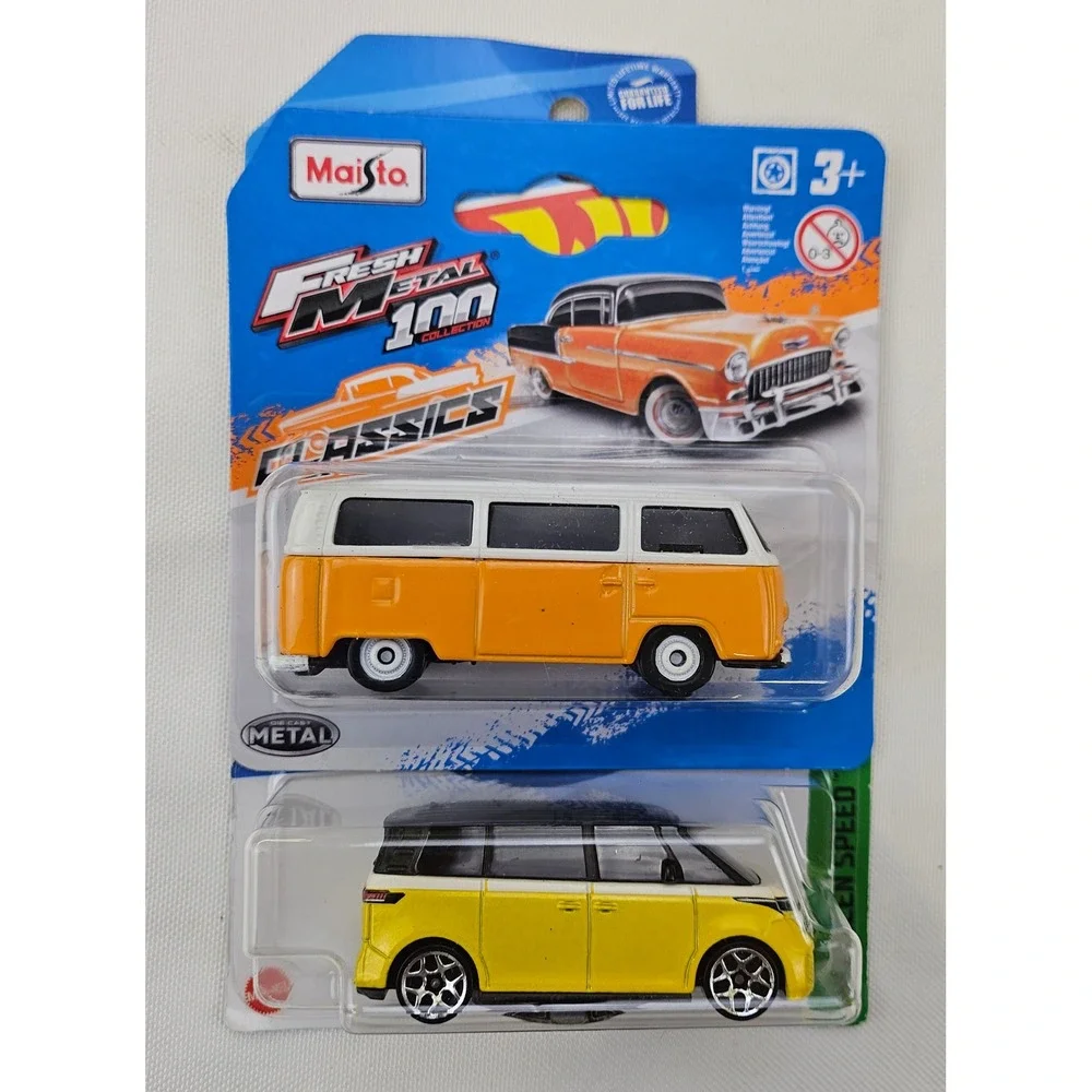 Hot Wheels VW ID Buzz & Maisto Volkswagen Bus Diecast Van Set Yellow Orange 2pk